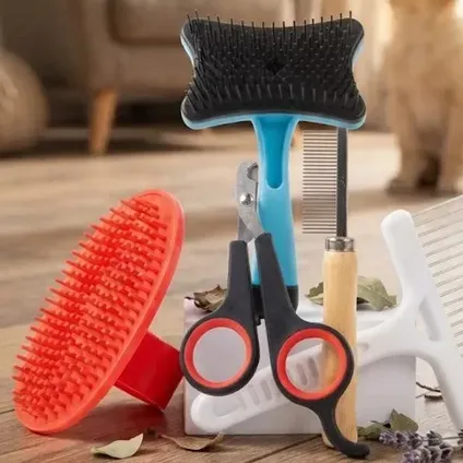 Kit Peluquería Perro 5 Piezas Cepillo Peine Cortauñas Celeste