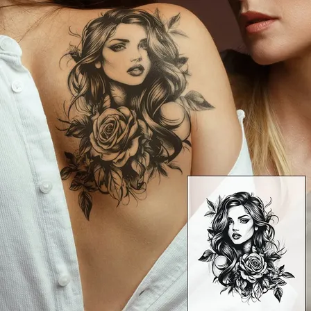 Tatuaje Temporal Starttoos Mujer Floral Espalda Negro Floral Woman