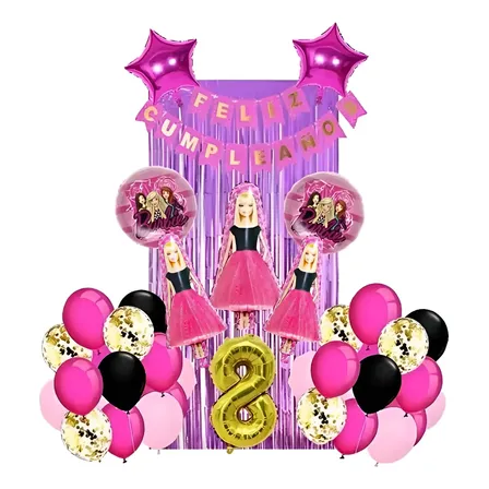Combo De Globos Barbie Metalizados Cortina Cumpleaños Deco Fucsia