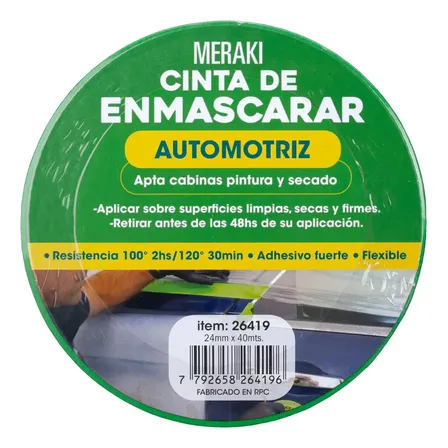 Pack 6 cintas papel enmascarar automotriz 24mm 40m verde Meraki adhesivo caucho natural adherencia removible sin residuos apta cabina pintura automotriz retoques carroceria proteccion superficies auto
