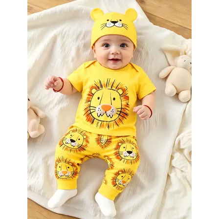 Conjunto Bebé Niño Remera Pantalón Gorro León Amarillo 6-9m