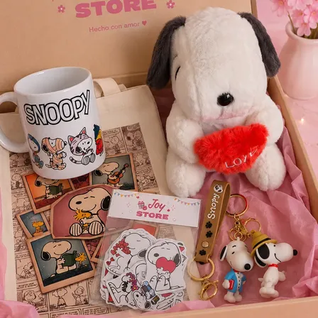 Kit Peluche Snoopy - Taza, Tote Bag, Stickers Y Llavero