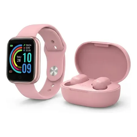 Combo Mujer Smartwatch D20 Rosa + Auriculares A6s Rosa Rosa Liso