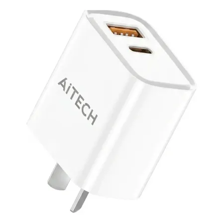 Cargador Pared Aitech 45w PD Carga Turbo Doble Puerto Usb Tipo C Fuente Adaptador Rapido Celular Tablet Notebook Samsung iPhone Motorola Xiaomi Android LG Compacto Blanco Seguro Anti Sobrecarga