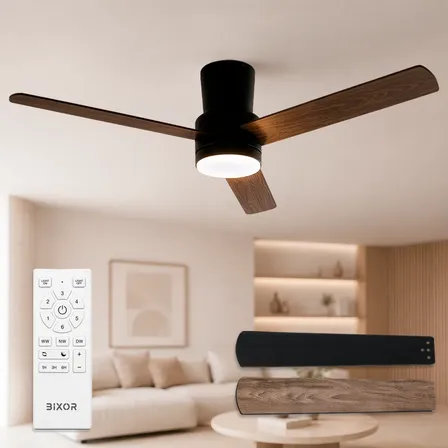 24 Ventilador Luz Led 3 Tonos 6 Velocidades Aspas Madera 30w 1.32 M 6 Negro Madera/negro Madera 3