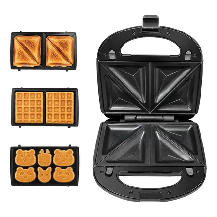 Sandwichera Eléctrica 3 En 1 Suono Tostadora Waflera Clásica Animalitos 3 Placas Removibles Y Antiadherentes 850w
