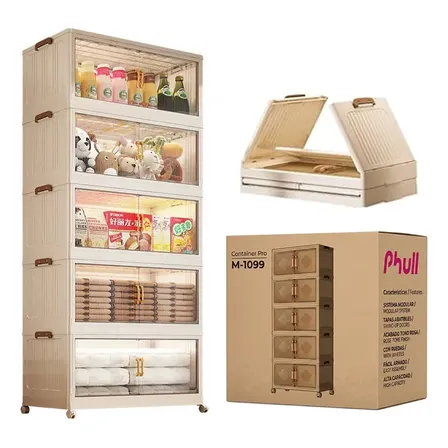 Mueble Plastico Alacena Plegable Con Ruedas 5 Pisos 1.65 Mts Tamaño Xxl Crema