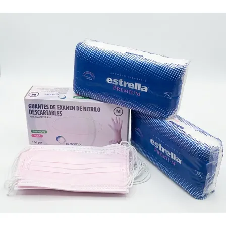 Kit Descartable Guantes Nitrilo Rosa Barbijo Algodon Premium Rosa M