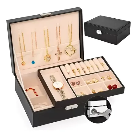 Alhajero Caja Organizadora Anillos Aro Accesorio Cuero Joyas Levys Bazar Premium con Cerradura y Espejo Estuche Elegante para Anillos Aros Pulseras Collares Viaje Hogar Regalo Moderno Color Negro
