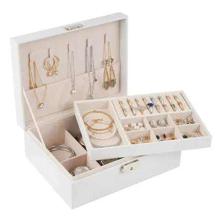 Alhajero Caja Organizadora Anillos Aro Accesorio Cuero Joyas Levys Bazar Premium con Cerradura y Espejo Estuche Elegante para Anillos Aros Pulseras Collares Viaje Hogar Regalo Moderno Color Blanco