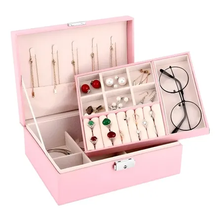 Alhajero Caja Organizadora Anillos Aro Accesorio Cuero Joyas Premium con Cerradura y Espejo Estuche Elegante para Anillos Aros Pulseras Collares Viaje Hogar Regalo Moderno Color Rosa