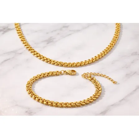 Cadena + Pulsera Hojas Bañado Oro 18k Unisex Espiga Premium Dorado