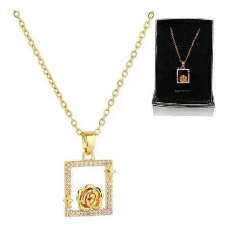 Collar Flor Enmarcada Baño Oro 18k + Estuche De Regalo