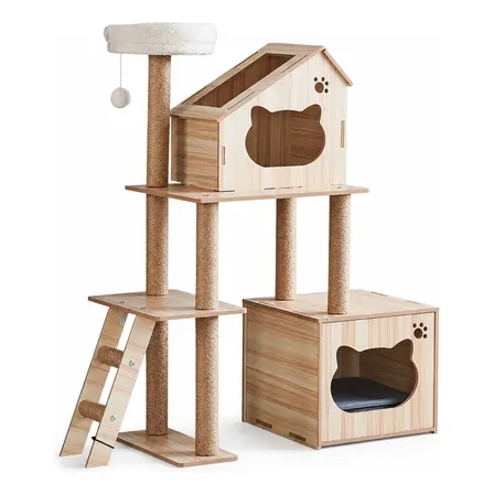 Rascador Gimnasio Torre Doble Casita Para Gatos 122cm B26 Símil Madera