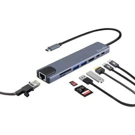 Multipuertos 8 en 1 Carrello - HUB USB-C para Notebook Macbook con HDMI 4k PD 100W USB 3.0 Tarjetas SD TF Alta Velocidad RJ45 Compatible Mac Windows Linux