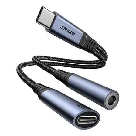 Adaptador DAC De Audio Carga 60w Power Delivery Y Audio 3.5 Mm Joyroom Sy-c02 2 En 1 Tipo C Auriculares Computadora Notebook Tablet Celular Sonido Alta Fidelidad Hi-Fi Adaptador Doble Tipo C Cargador