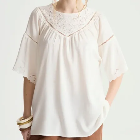 Blusa Holgada Con Canesú Bordado Mujer Desiderata Off-white Liso 02