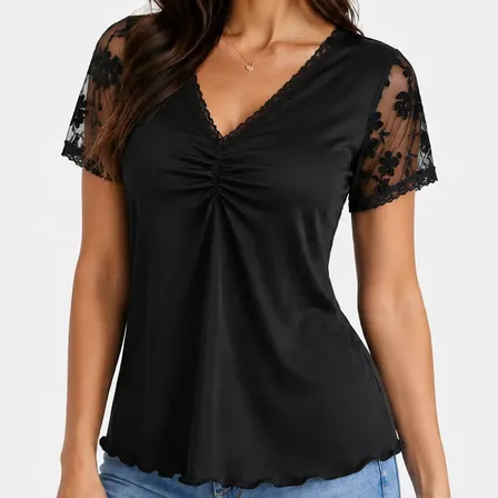 Blusa Lisa Fiesta Manga Tul Seda Noche Simple Noche Escote V Negro M.c Xl