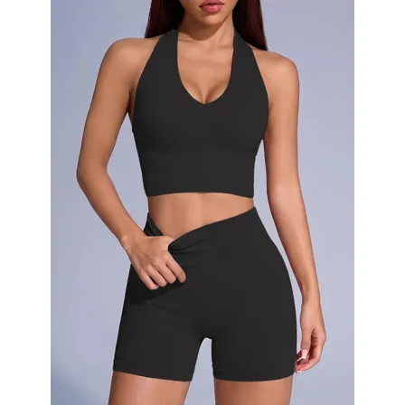 Conjunto Deportivo Mujer Top Halter Calza Biker Negro Liso M