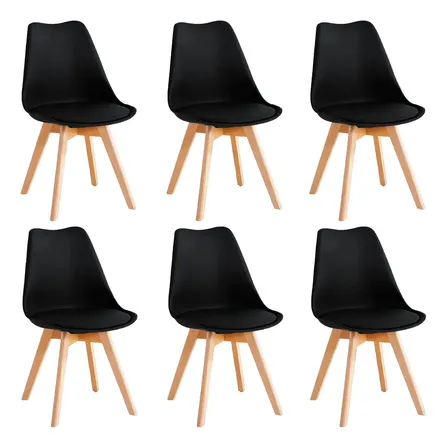 Set X6 Silla Tulip Para Comedor Con Almohadon Estilo Nordico Patas De Madera Color Negro