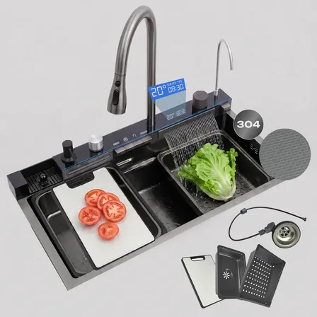 Bacha De Cocina Pvd Con Set Grifería Inteligente Acero Zego Acabado PVD Gris Ancho 45.8 cm Color Gris oscuro ZEGO0212 Espesor 3 mm Largo 74.95 cm Material Acero inoxidable Profundidad 21 cm