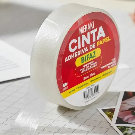 Cinta Adhesiva Papel Bifaz Doble Faz 12mm X10m Meraki Alta Adherencia Montaje Manualidades Reparaciones Decoración Hogar Oficina Taller Industria Cartón Papel Madera Metal Vidrio Paredes Interior Ext