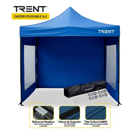 Gazebo Autoarmable Plegable Trent Reforzado 3x3 Metros Con Ventanas De Exterior Azul