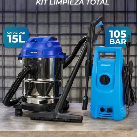 Combo Logus Hidrolavadora + Aspiradora Industrial 15L Seco/Húmedo