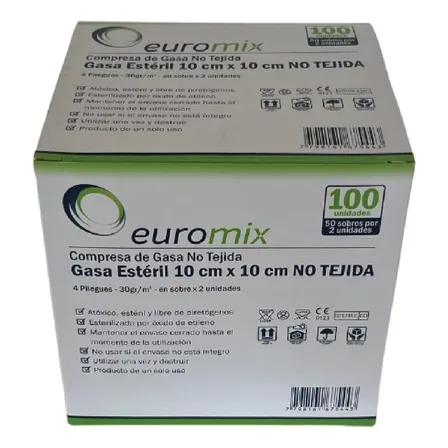 50 Sobres X 2 Un. Gasa Estéril No Tejida Euromix 10 X 10 Cm. Color Blanco