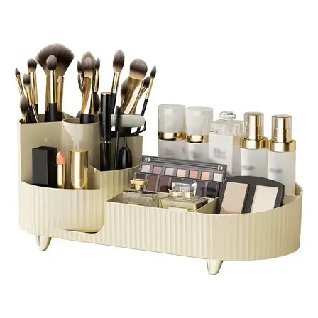 Organizador Maquillaje Porta Cosmético Make Up Escritorio Con Porta Brocha Giratorio 360 Beige