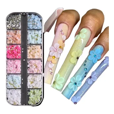 Caja Deco Uñas Strass Flor 3d En Resina Colorful