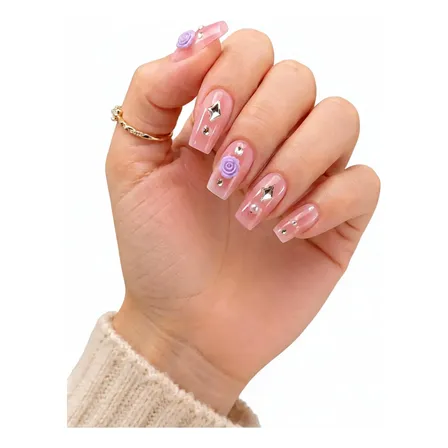 Uñas Postizas Press On Coffin Rosa Con Strass 3d Decoradas Coral Claro Decoradas 3d