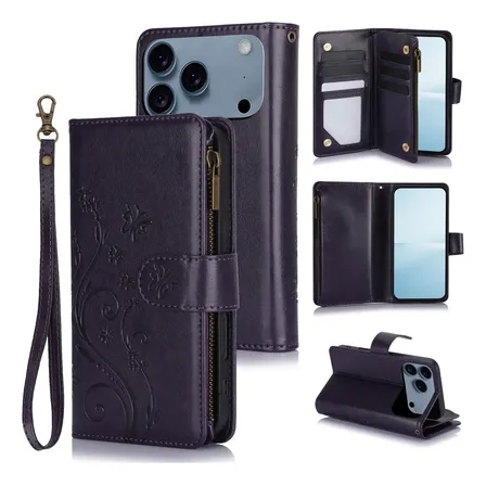 Suitable For iPhone 17e 17 Air Pro Max Zipper Wallet Case Dark Purple iPhone 17 Pro