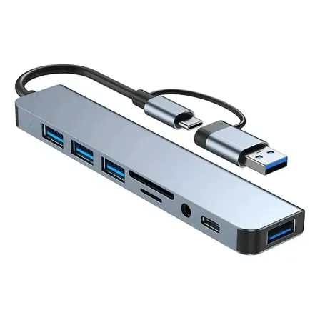 Hub USB C 8 En 1 Multipuerto 4 USB 3.0 Lector SD Micro SD Jack 3.5mm Puerto Tipo C Adaptador Para Notebook PC Mac Celular Android
