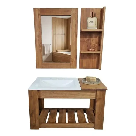 Vanitory Colgante 60x33cm Mueble Baño Completo Bacha Espejo Cedro Estante A La Izquierda Tres Agujeros