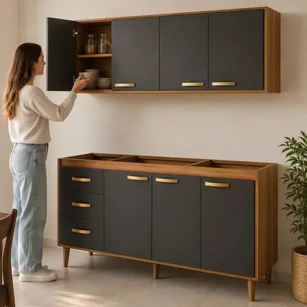 Combo Cocina Bajo Mesada 3 Puertas 3 Cajones Reversibles + Alacena 4 Puertas Moderno 1.60m Maximo Color Grafito y Teca