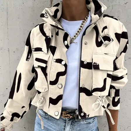 Chaqueta Mujer Cuello Alto Estampado Estilo Urbano Moderno Caqui L Tolón