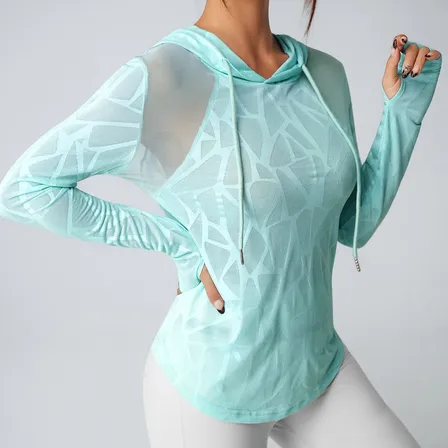Remera Deportiva Con Capucha De Red Geométrica Manga Larga Mujer