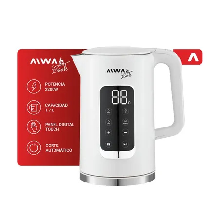 Pava Eléctrica Aiwa Digital Touch Acero Inoxidable Base Giratoria Hervidora Mate Café Té 1.7l 2200w Blanco