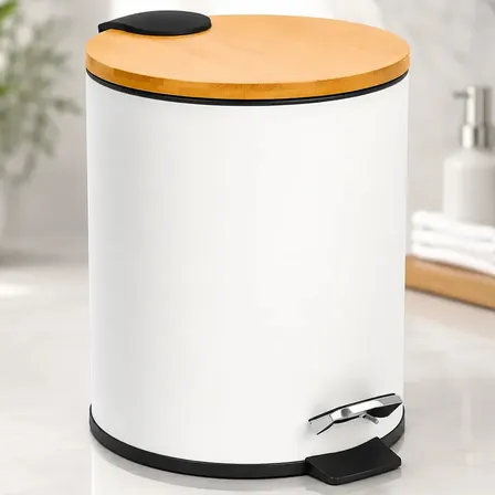 Tacho De Basura Cesto Residuos 3 Litros Hogar Actual Tapa Bambú Con Pedal Cierre Suave Color Blanco