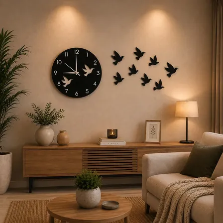Reloj Pared 40 Cm Con Pajaritos De Madera Negro
