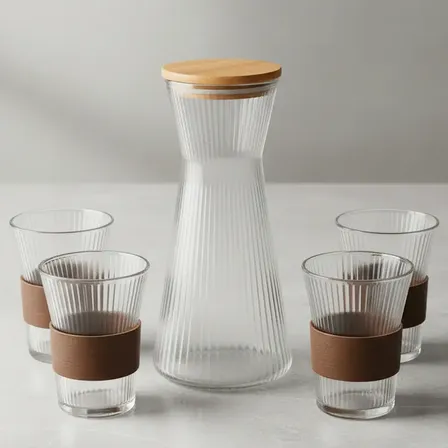 Jarra Y 4 Vasos De Vidrio Agua Jugo Bebidas Calidad Premium Transparente