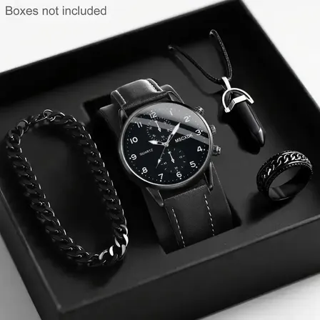 Set 4 Piezas Reloj Pulsera Anillo Y Collar Hombre Negro Blanco