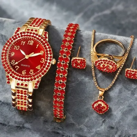 Set Joyas Mujer Reloj Pulsera Collar Anillo Aros Rojo