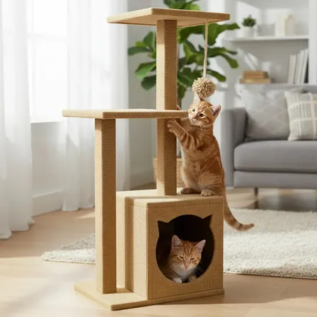 Rascadores Gimnasio Rascador Para Gatos 2 Pisos Y Casita Todo Beige