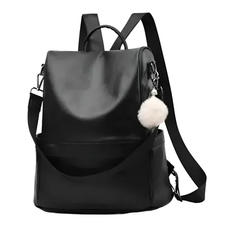 Mochila De Cuero Sintético Bolso Cartera Cierre Antirrobo Mujer Impermeable Casual - Elegante Correas Ajustables, Resistente, Bandolera - Pompon Decorativo Uso Diario, Trabajo, Universidad O Viaje