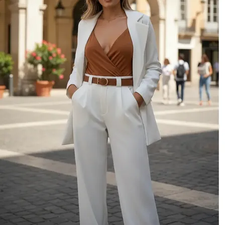Conjunto Sastrero Blazer Y Pantalón Crep Elegancia Y Estilo Blanco 42-44