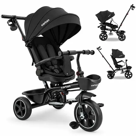 Triciclo Cochecito Convertible 5 en 1 con Pedales Capota con Filtro UV Manillar Asiento Giratorio 360° Cartan TRI100 Negro