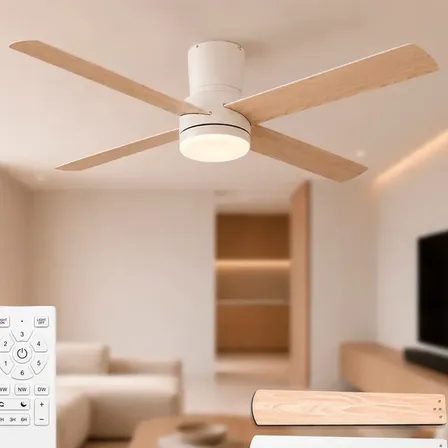 Ventilador led 30W blanco 4 aspas madera 3 tonos luz 6 velocidades control remoto 1.32m