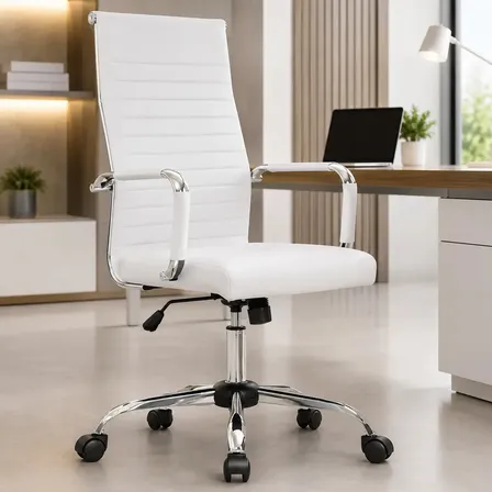 Silla de Oficina JD Ejecutiva Giratoria Cromada Ergonómica Cuero Sintético Blanco 329H